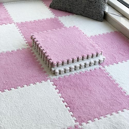 LULUMAIC 10 Stück weiche Puzzle-Schaum-Bodenmatte, quadratische ineinandergreifende Teppichfliesen, Plüsch-Spielmatte, Spielzimmer, Schlafzimmer, 30,5 und 61 cm (Rosa + Weiß, 30,5 x 30,5 x 0,99 cm) von LULUMAIC