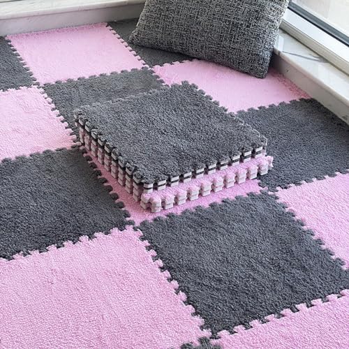 LULUMAIC 10 Stück weiche Puzzle-Schaum-Bodenmatte, quadratische ineinandergreifende Teppichfliesen, Plüsch-Spielmatte, Spielzimmer, Schlafzimmer, 30,5 und 61 cm (grau + rosa, 30,5 x 30,5 x 0,6 cm) von LULUMAIC