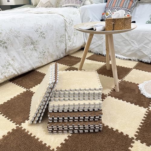 LULUMAIC 48 Stück Plüsch-Puzzle-Bodenfliesen, ineinandergreifender Teppich mit Rand, Schaumstoff-Bodenmatte, Spielteppich, Nachttischkissen, 30 x 30 cm (Aprikose + Kaffee 0,23 Zoll) von LULUMAIC