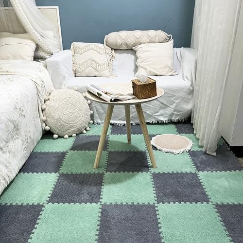 LULUMAIC 48 Stück Plüsch-Puzzle-Bodenfliesen, ineinandergreifender Teppich mit Rand, Schaumstoff-Bodenmatte, Spielteppich, Nachttischkissen, 30 x 30 cm (grün + grau 0,39 Zoll) von LULUMAIC