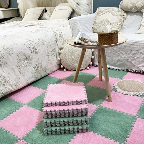 LULUMAIC 48 Stück Plüsch-Puzzle-Bodenfliesen, ineinandergreifender Teppich mit Rand, Schaumstoff-Bodenmatte, Spielteppich, Nachttischkissen, 30 x 30 cm (grün + rosa 0,23 Zoll) von LULUMAIC
