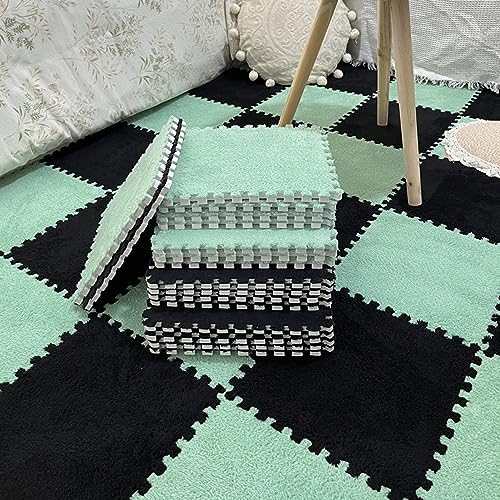 LULUMAIC 48 Stück Plüsch-Puzzle-Bodenfliesen, ineinandergreifender Teppich mit Rand, Schaumstoff-Bodenmatte, Spielteppich, Nachttischkissen, 30 x 30 cm (grün + schwarz 0,23 Zoll) von LULUMAIC