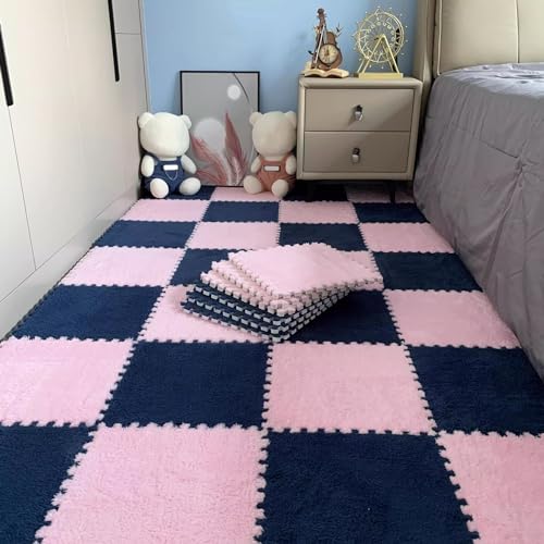 LULUMAIC 48 Stück ineinandergreifende Puzzle-Schaumstoff-Bodenmatten, Teppichfliesen, Plüsch-Puzzle-Bodenspielmatten, Teppiche, für Wohnzimmer, 30 x 30 cm (Marineblau + Rosa 0,39 Zoll) von LULUMAIC