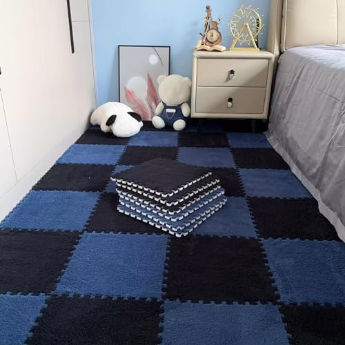 LULUMAIC 48 Stück ineinandergreifende Puzzle-Schaumstoff-Bodenmatten, Teppichfliesen, Plüsch-Puzzle-Bodenspielmatten, Teppiche, für Wohnzimmer, 30 x 30 cm (Marineblau + Schwarz 0,23 Zoll) von LULUMAIC