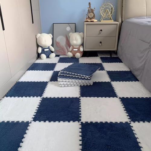 LULUMAIC 48 Stück ineinandergreifende Puzzle-Schaumstoff-Bodenmatten, Teppichfliesen, Plüsch-Puzzle-Bodenspielmatten, Teppiche, für Wohnzimmer, 30 x 30 cm (Marineblau + Weiß 0,23 Zoll) von LULUMAIC