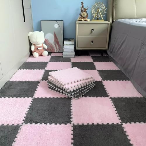 LULUMAIC 48 Stück ineinandergreifende Puzzle-Schaumstoff-Bodenmatten, Teppichfliesen, Plüsch-Puzzle-Bodenspielmatten, Teppiche, für Wohnzimmer, 30 x 30 cm (Rosa + Grau 0,23 Zoll) von LULUMAIC