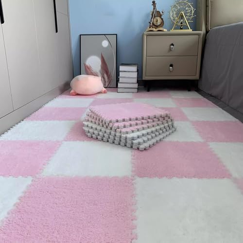 LULUMAIC 48 Stück ineinandergreifende Puzzle-Schaumstoff-Bodenmatten, Teppichfliesen, Plüsch-Puzzle-Bodenspielmatten, Teppiche, für Wohnzimmer, 30 x 30 cm (Rosa + Weiß 0,23 Zoll) von LULUMAIC