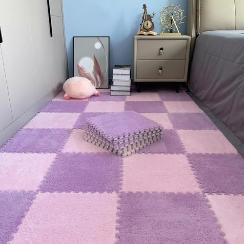 LULUMAIC 48 Stück ineinandergreifende Puzzle-Schaumstoff-Bodenmatten, Teppichfliesen, Plüsch-Puzzle-Bodenspielmatten, Teppiche, für Wohnzimmer, 30 x 30 cm (lila + rosa 0,39 Zoll) von LULUMAIC