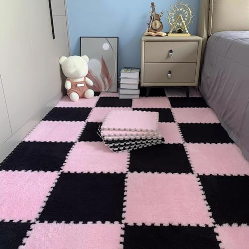 LULUMAIC 48 Stück ineinandergreifende Puzzle-Schaumstoff-Bodenmatten, Teppichfliesen, Plüsch-Puzzle-Bodenspielmatten, Teppiche, für Wohnzimmer, 30 x 30 cm (schwarz + rosa 0,23 Zoll) von LULUMAIC