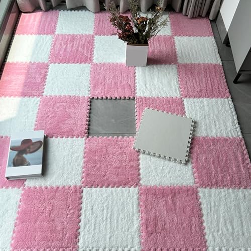 LULUMAIC 48 Stück weicher Plüschteppich, Puzzle-Schaumstoff-Bodenmatte, 30,5 x 30,5 cm, quadratische ineinandergreifende Teppichfliesen, Spielmatte, Spielzimmer, Schlafzimmer (Rosa + Weiß 0,23 Zoll) von LULUMAIC