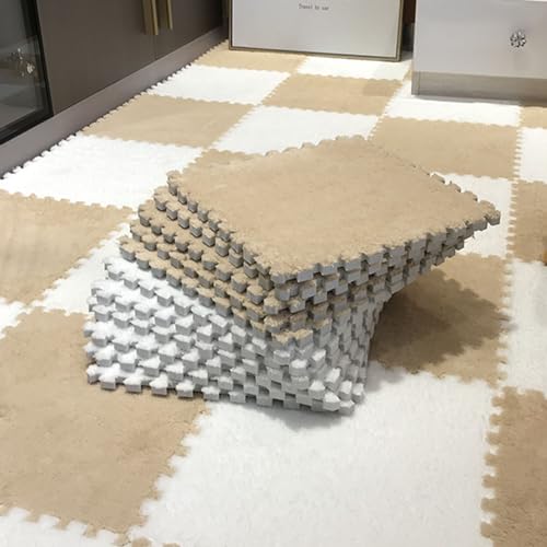LULUMAIC Puzzle-Bodenmatte aus Plüschschaum, 50 Stück ineinandergreifende quadratische Teppichfliesen, Teppiche, Bodenfliesen, leicht zu reinigen, Schlafzimmer, Spielzimmer (Khaki + Weiß) von LULUMAIC