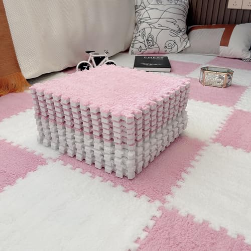 LULUMAIC Puzzle-Bodenmatte aus Plüschschaum, 50 Stück ineinandergreifende quadratische Teppichfliesen, Teppiche, Bodenfliesen, leicht zu reinigen, Schlafzimmer, Spielzimmer (Rosa + Weiß) von LULUMAIC