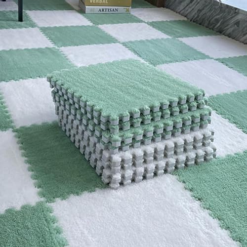 LULUMAIC Puzzle-Bodenmatte aus Plüschschaum, 50 Stück ineinandergreifende quadratische Teppichfliesen, Teppiche, Bodenfliesen, leicht zu reinigen, Schlafzimmer, Spielzimmer (grün + weiß) von LULUMAIC