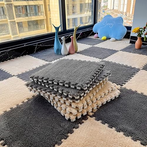 LULUMAIC Weiche, ineinandergreifende Puzzle-Teppichfliesen, Plüsch-Puzzle-Schaum-Bodenmatte, Teppiche, Spielmatte für Spielzimmer, 50 Stück (Grau+Aprikose) von LULUMAIC