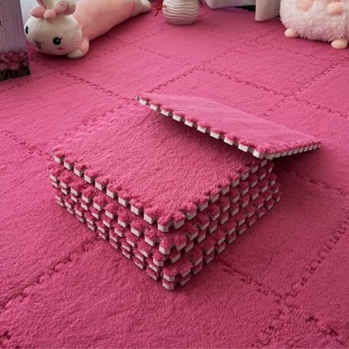 LULUMAIC Weiche, ineinandergreifende Puzzle-Teppichfliesen, Plüsch-Puzzle-Schaum-Bodenmatte, Teppiche, Spielmatte für Spielzimmer, 50 Stück (Rosarot) von LULUMAIC