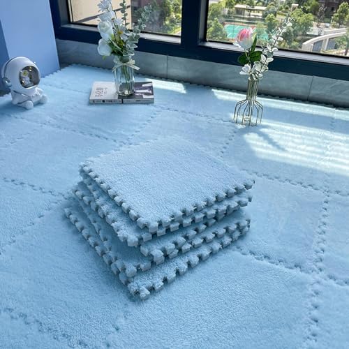 LULUMAIC Weiche, ineinandergreifende Puzzle-Teppichfliesen, Plüsch-Puzzle-Schaum-Bodenmatte, Teppiche, Spielmatte für Spielzimmer, 50 Teile (Hellblau) von LULUMAIC