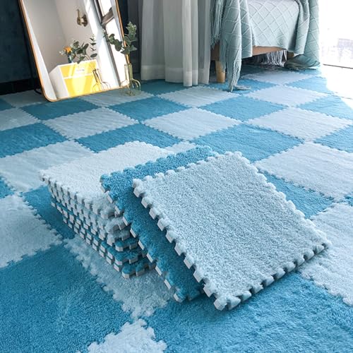 LULUMAIC Weiche, ineinandergreifende Puzzle-Teppichfliesen, Plüsch-Puzzle-Schaum-Bodenmatte, Teppiche, Spielmatte für Spielzimmer, 50 Teile (hellblau + blau) von LULUMAIC