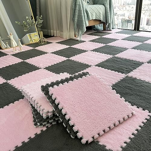 LULUMAIC Weiche, ineinandergreifende Puzzle-Teppichfliesen, Plüsch-Puzzle-Schaumstoff-Bodenmatte, Teppiche, Spielmatte für Spielzimmer, 50 Stück (grau + rosa) von LULUMAIC