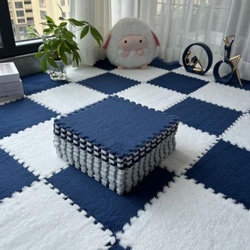 LULUMAIC Weiche, ineinandergreifende Puzzle-Teppichfliesen, Plüsch-Puzzle-Schaumstoff-Bodenmatte, Teppiche, Spielmatte für Spielzimmer, 50 Teile (Marineblau + Weiß) von LULUMAIC