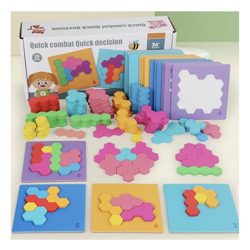 LUMIN TUTU 20 Stück Holz Tangram Puzzle, Form Muster Block Tangram & Hexagon Tetris Puzzle | Iq Spiele, Bunte Holz Lernspielzeug für Kinder & Montessori Spielzeug ab 3 Jahre von LUMIN TUTU