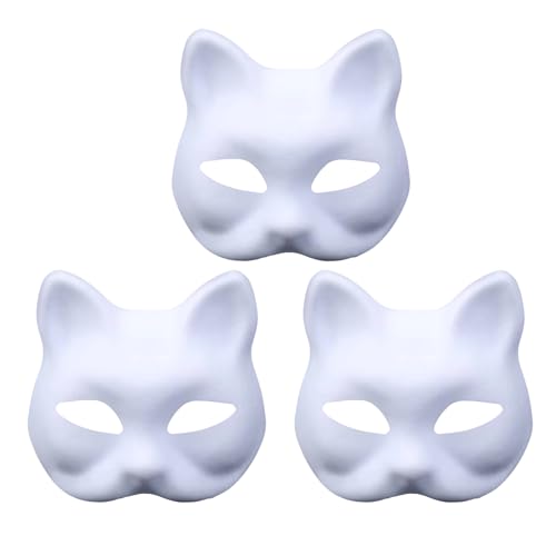 LUMLAM 3 Stück Therian Mask, DIY Katzenmaske Masken zum Bemalen Kinder, Leere Cat Mask Maskerade DIY Farbe, Weißes Papier Persönlichkeit Halloween Cosplay Unbemalte Stütze von LUMLAM