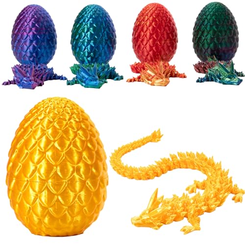 LUMLAM 3D Gedrucktes Drachenei mit Drache, Voll Beweglicher Drache mit Dracheneiern, Kristall Drache im Ei Drachen Figuren, Geheimnisvolles Drachenei Spielzeug für Häuser Büro, Easter (Seidig Gold) von LUMLAM