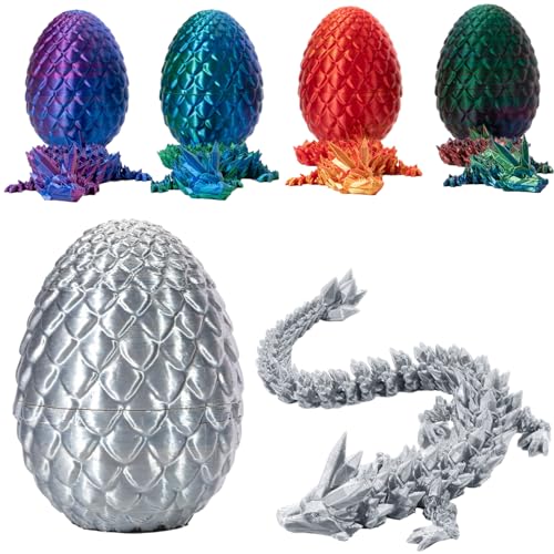 LUMLAM 3D Gedrucktes Drachenei mit Drache, Voll Beweglicher Drache mit Dracheneiern, Kristall Drache im Ei Drachen Figuren, Geheimnisvolles Drachenei Spielzeug für Häuser Büro, Easter (Seidig Silber) von LUMLAM