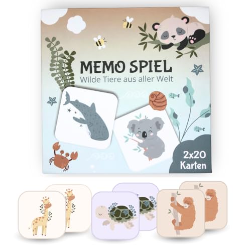 LUNALIA Memo Spiel ab 2 Jahre, Montessori Spielzeug, Lernspiel, Geschenk Kinder, Wilde Tiere, 40 Karten – 20 Paare. Reisespiel, praktische Magnetbox von LUNALIA