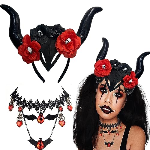 LUNAMY 2TLG Königin Hörner Kostüm Set Horn Kopfschmuck mit Gothic Spitze Halskette Hexenkostüm Schwarz Kopfbedeckung Teufel Haarschmuck Halloween Damen Kostüm für Cosplay Maskerade Karneval Fasching von LUNAMY