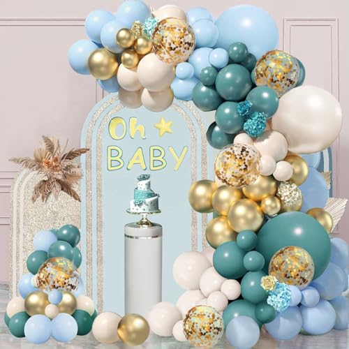 Luftballon Girlande Blau Weiß Gold, 138 Stück Ballon Girlande Retro Blau Beige Weißer Sand, Luftballons Dusty Blau Hellblau für Geburtstag Hochzeit Babyparty Geschlecht Offenbaren Party Deko von LUOBITO