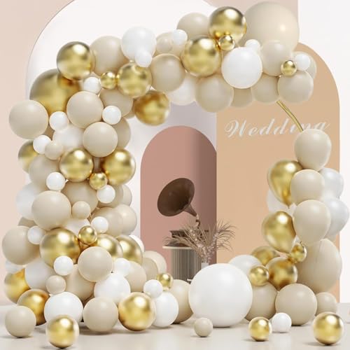 Luftballon Girlande Weiß Gold, 125 Stück Ballon Girlande Beige Weiß Gold, Luftballons Sand Weiß Creme Weiss Nude Golden Konfetti für Geburtstag Hochzeit Babyparty Party Dekoration von LUOBITO