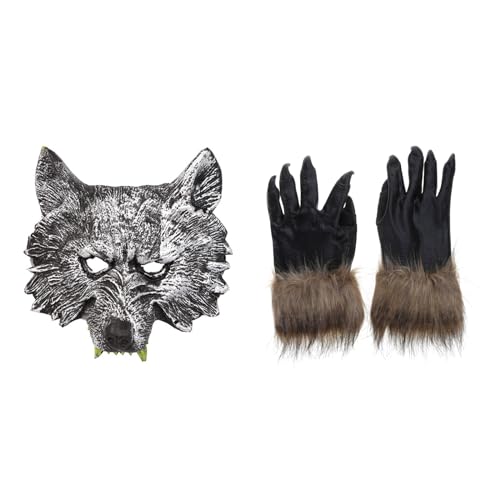 LUOFENG Holloween Horror-Maske, Wolfsmaske, Wolfshandschuhe, Wolf für Kopfmaske, Krallen, Kopfbedeckung, Requisiten, Cosplay-Kostüm für Maskerade-Party von LUOFENG