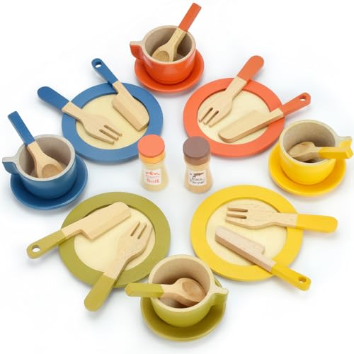 LUOJINYI Children's Kitchen Accessories, 26 Pieces kinderküche zubehör Holz, Kitchen Accessories Children, Wooden Tableware Set, Role Play Toy for Girls and Boys, Doll Tableware von LUOJINYI