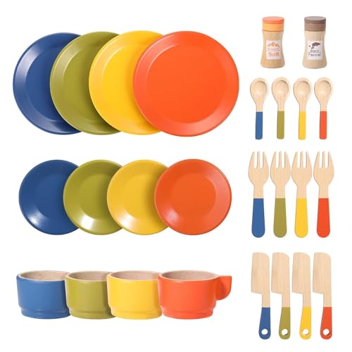 26 Pieces Children's Kitchen Play Kitchen Accessories Children, Wooden Tableware Set, Children's Kitchen Accessories, Play Kitchen Accessories, Kitchen Toy for Role Play,Wooden Tableware Set von LUOJINYI