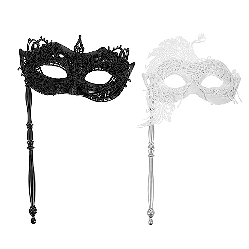 LUOZZY 2 Stück Maskerade-Maske für Frauen mit Stab, schwarz und weiß, Maskerade-Maske, Halloween, venezianische Mardi Gras, Spitzenmasken mit Haltestab, wie abgebildet, Medium von LUOZZY