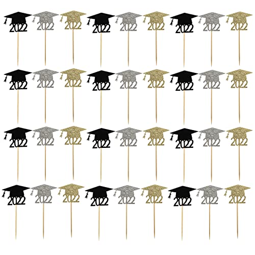 LUOZZY 72 Stück 2022 Graduation Cupcake Topper Bachelor Cap 2022 Graduation Glow für Graduate Dekorationen – Schwarz Silber Gold von LUOZZY