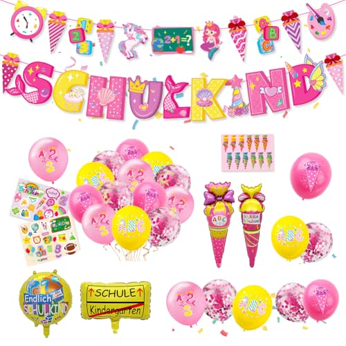 Schulkind Schulanfang Einschulung Deko Mädchen - SCHULKIND Banner + Zuckertüte Banner + 22 Luftballon + 5 Folienballon + 3 Aufkleber von LUPATDY