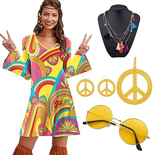 LUPATDY 70er Hippie Kleid, 60er 70er Jahre Outfit Damen Party Kostüm, Halloween Retro-Kleider, Disco Outfit Kostüm Damen Mädchen mit Kleid, Turban, Friedenszeichen, Brille, Juwelenkette von LUPATDY