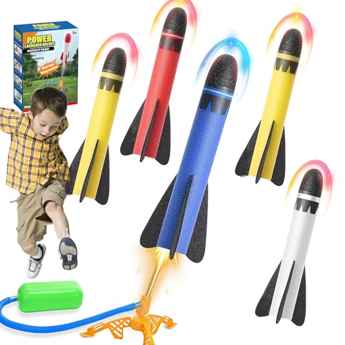 LURNODY Kinder Raketen Launcher Set, Spielzeug Rakete Startet Bis Zu 100 Fuß, Raketen Spielzeug für Kinder Schaumstoff, Raketenspiel Kinder Outdoor Ab 3 Jahren (5 Raketenköpfe 22,5 cm) von LURNODY