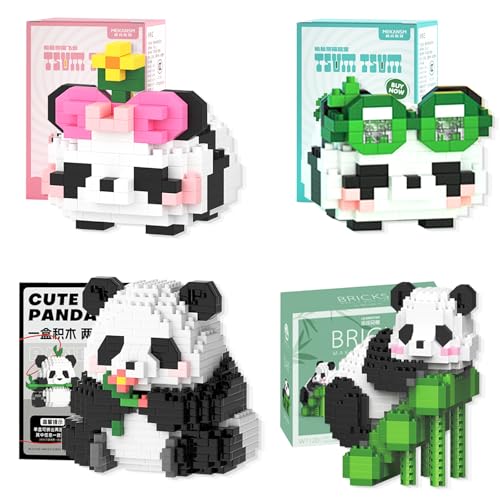 LURNODY 4 Stücke Panda Bausteine Set, 2 in1 Mini Tiere Bausteine Set, Panda Klemmbausteine Building Block Set, Robust Und Stabil, Panda Geschenk, Geeignet Zum Basteln für Kinder und Erwachsene von LURNODY