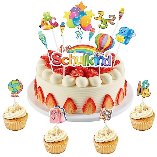 LUSEE 13 Stück Schulanfang Tortendeko, Tortendeko Einschulung Muffins Cupcake Topper Dekorationen Schuleinführung Kuchen Dekorationen für Mädchen Junge 1. Schultag Einschulung Tortendeko Party Deko von LUSEE