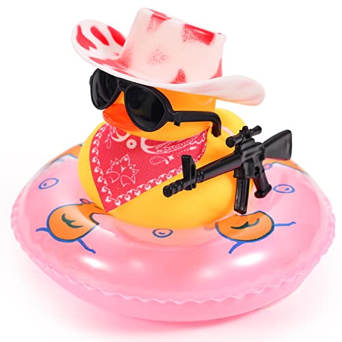 Ente für Auto, Gummi Ente für Auto Armaturenbrett Quietschend Ente Badespielzeug Spaß Cowboy Ente Autozubehör Auto Armaturenbrett Dekorationen mit Schwimmring Mütze Schal Brille (Stil 3) von LUTER