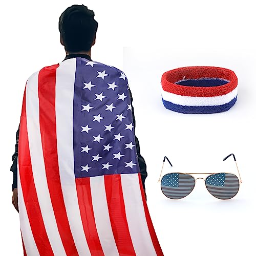 LUTER 3-teiliges Zubehör für den 4. Juli, amerikanische Flagge, Kostüm-Umhang, Retro-Sonnenbrille der 80er Jahre, amerikanische USA-Sonnenbrille und rot-weißes und blaues Bandana-Stirnband, Outfits von LUTER