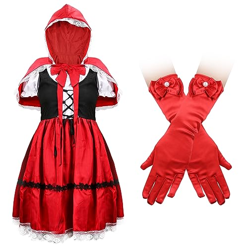 Kostüm Mädchen Märchen Rotkäppchen, Süße Schleife Halloween-Partykleid Mädchen-Anzieh-Outfits mit Umhang Handschuhen für Halloween Verkleidung Party Cosplay, 13-14 Jahre (L) von LUTER