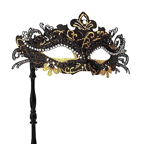 LUTER Maskerade Maske mit Stab, Maskerade Maske Damen Venezianische Halloween-Kostümmaske für Karnevalsparty Maskerade-Maske für Frauenkostüm (Schwarz Gold) von LUTER