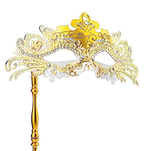 LUTER Maskerade Maske mit Stab, Maskerade Maske Damen Venezianische Halloween-Kostümmaske für Karnevalsparty Maskerade-Maske für Frauenkostüm (Weißes Gold) von LUTER