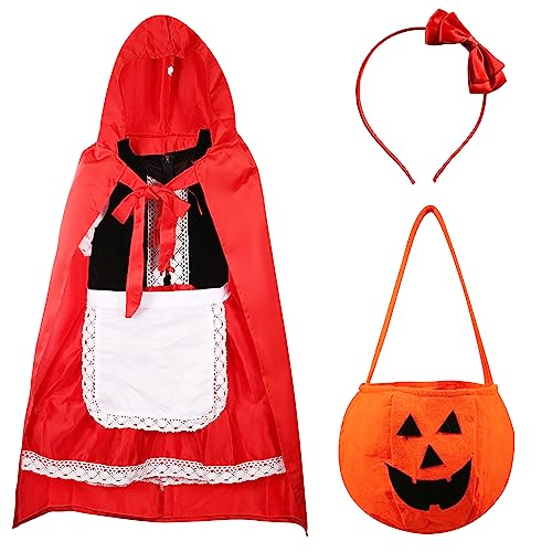 LUTER Rotkäppchen Kostüm Mädchen Inklusive Kleid, Rotem Umhang, Spitzenschürze, Kürbis-Handtasche und Rotem Schleifen-Stirnband Halloween Kostüm Partykleid Kinder Mädchen 7-14 Jahre (M, 135-145cm) von LUTER