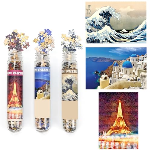 3 Pack Mini-Puzzle 150 Stück für Erwachsene kleine Puzzle 6 x 4 Zoll Unterhaltung Spielzeug für Home Decor (Eiffelturm, Kanagawa Surfen, Ägäisches Meer) von LUUFAN