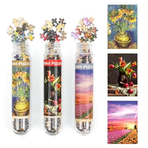 LUUFAN 3 Pack Mini-Puzzle für Erwachsene 150 Stück herausfordernde kleine Puzzle 6 x 4 Zoll Unterhaltung Spielzeug für Home Decor (Tulpe, Fritillaries in Einer Kupfer-Vase, Blumenfeld) von LUUFAN