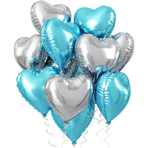 12 Stück Baby Blau Herz Luftballons 18 Zoll Silber Herz Folienballon Blau Helium Luftballon für Baby Dusche Valentinstag Geburtstag Hochzeit Jubiläum Brautdusche von LUVDECO